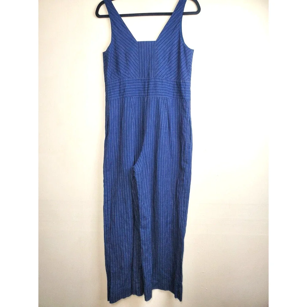 Banana Republic Womens 2 Jumpsuit Wide-Leg Crop Linen Pockets Indigo‎ Striped